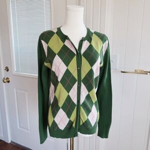 Merona Womens Green Argyle Button Cardigan Size M Knit Preppy Academia Mod Twee
